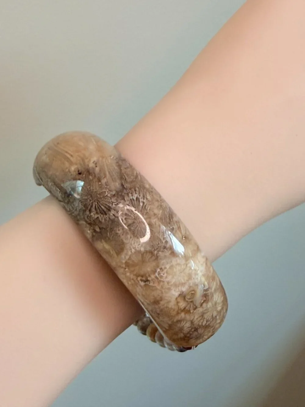 Unisex Coral Fossil Half Bangle Double Strand Bracelet